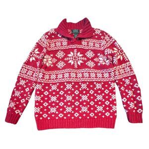 VTG Lauren Ralph Lauren Red Cotton Hand Knit Nordic Sweater White Snowflakes Sm
